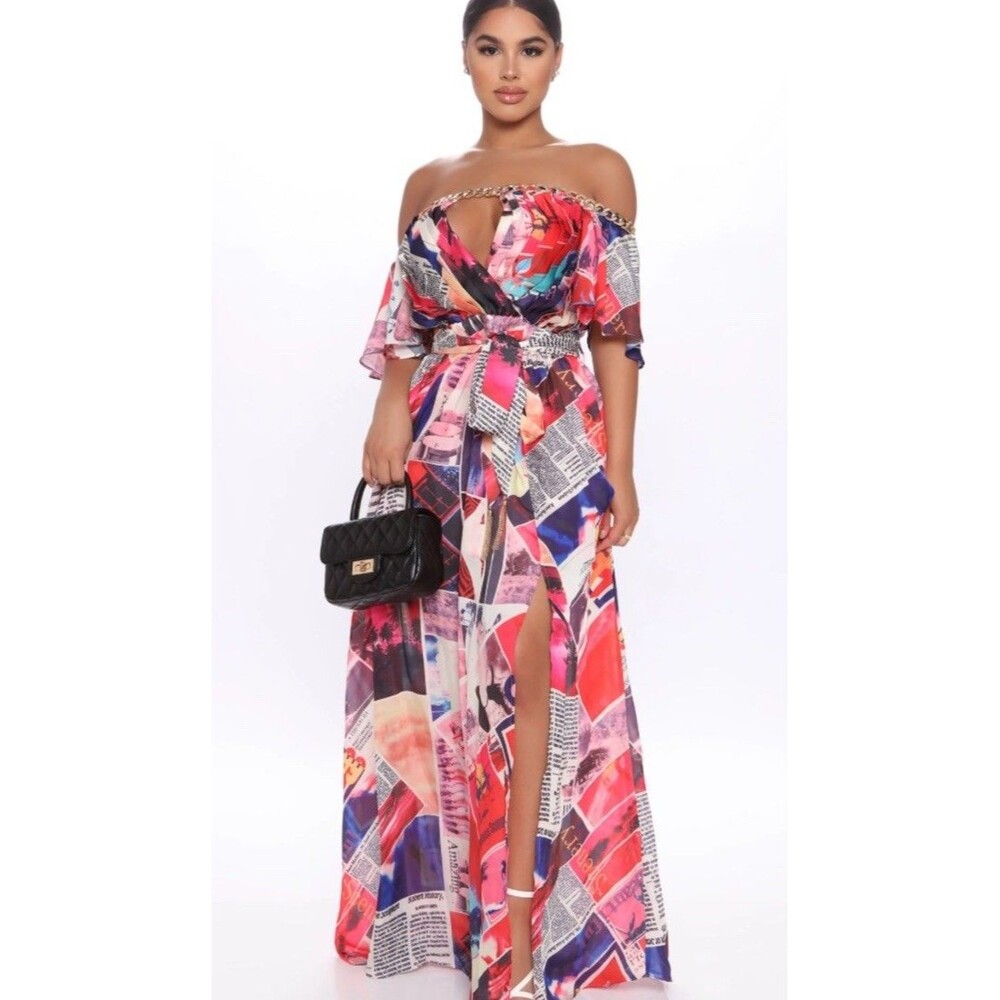 New L'Atiste by Amy Pop Art Comic Maxi Dress Print Gold Accent Art To Wear M